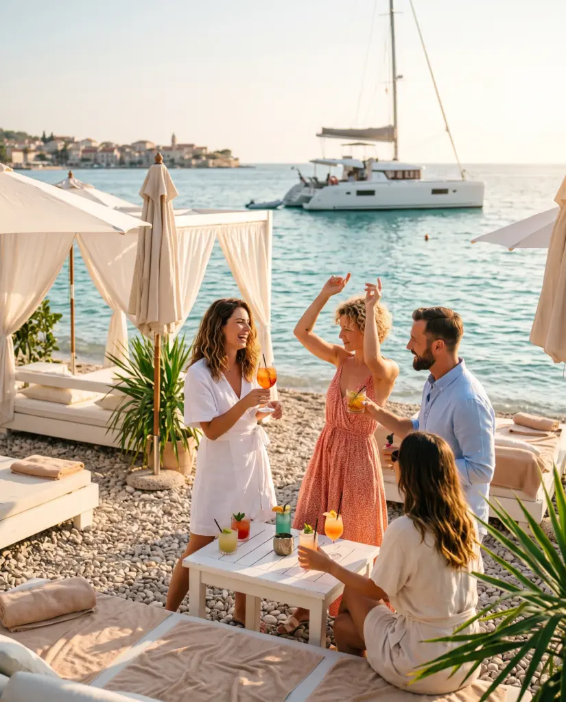 Freunde mit Cocktails in einem Beach Club, im Hintergrund ein Katamaran, mit KI erstellt