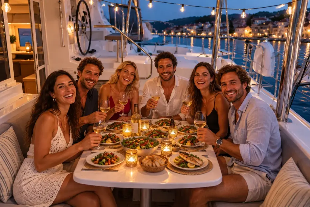 Freunde beim Abendessen an Deck mit Lichterketten, mit KI erstellt