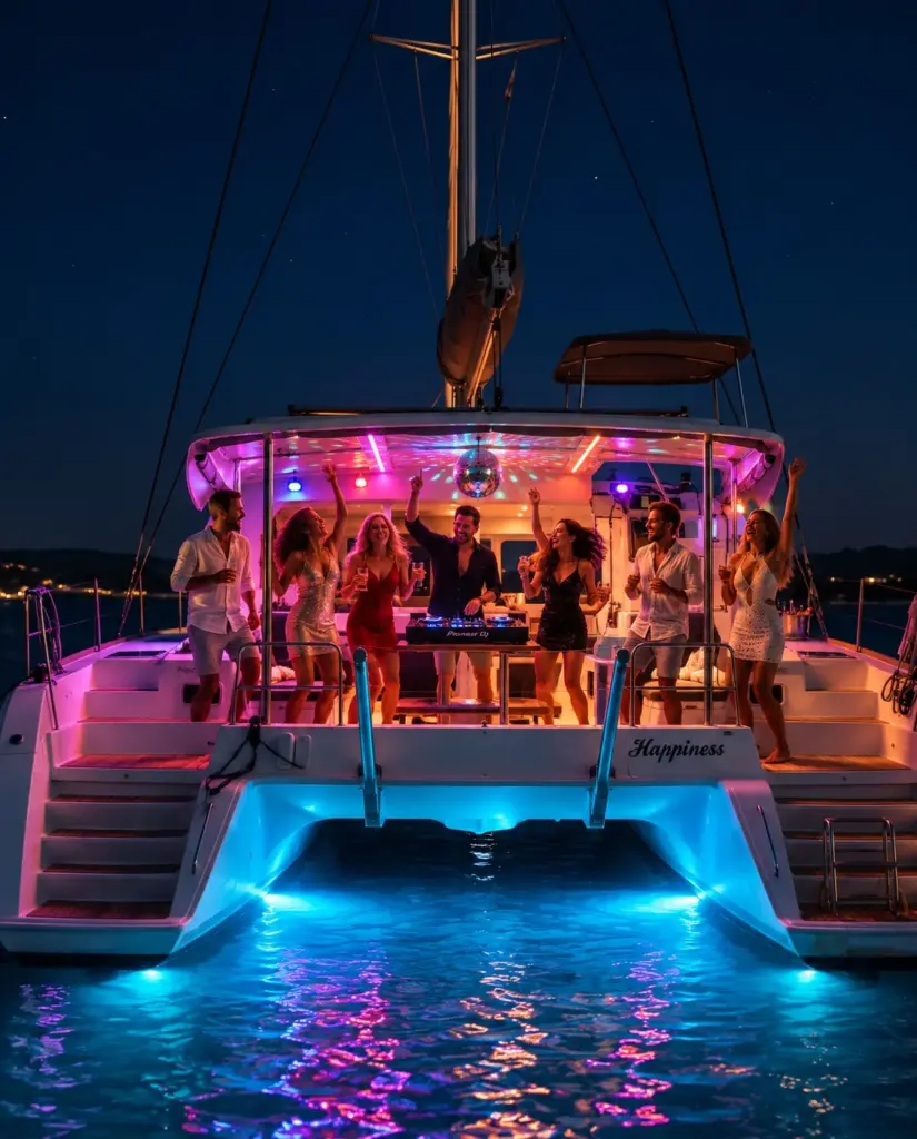 Party am Heck der Happiness bei Nacht mit bunter Beleuchtung und türkisem Unterwasserlicht, mit KI erstellt