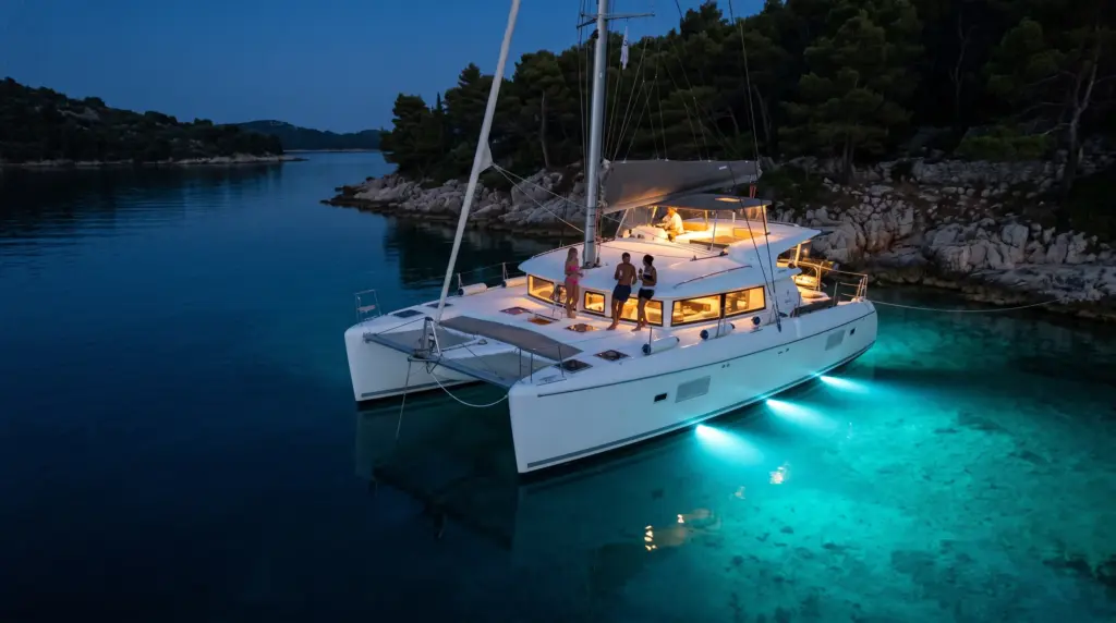 Die Happiness bei Nacht in einer Bucht, türkise Unterwasserbeleuchtung, mit KI erstellt